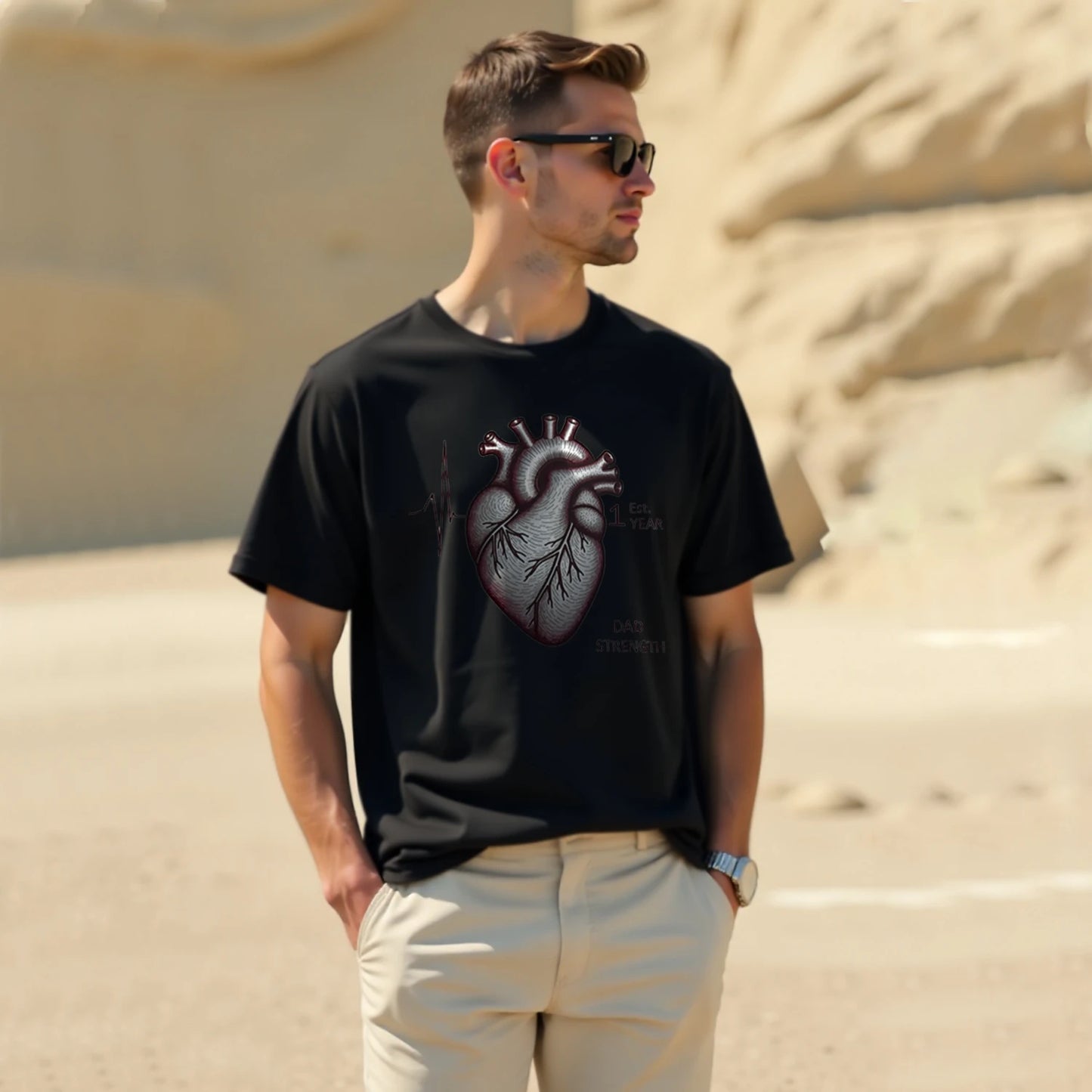 Men's Vintage Washed T-shirt Harajuku Classic Beating Heart Printed Short Sleeve 250G Cotton 2024 Summer Round Neck Top