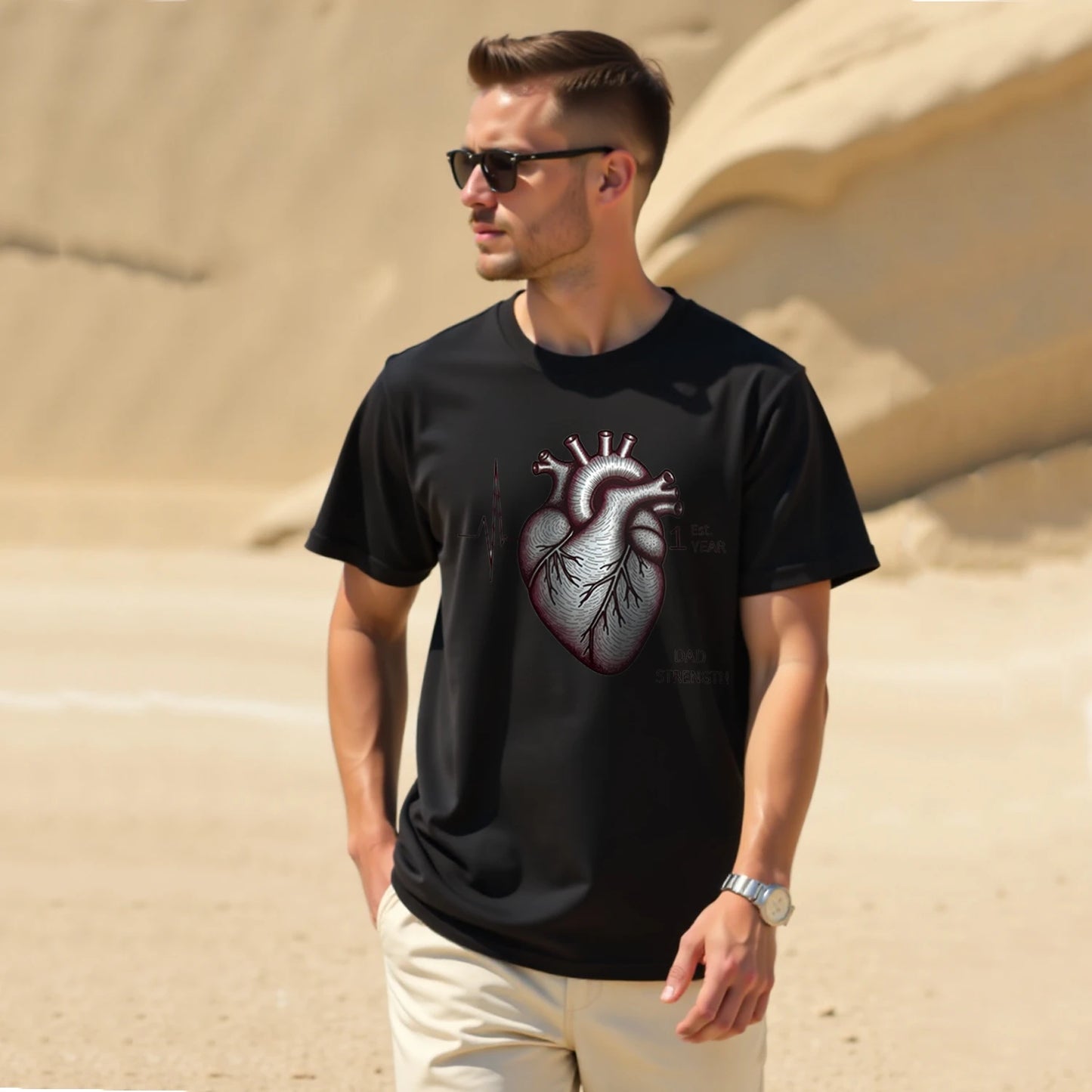 Men's Vintage Washed T-shirt Harajuku Classic Beating Heart Printed Short Sleeve 250G Cotton 2024 Summer Round Neck Top