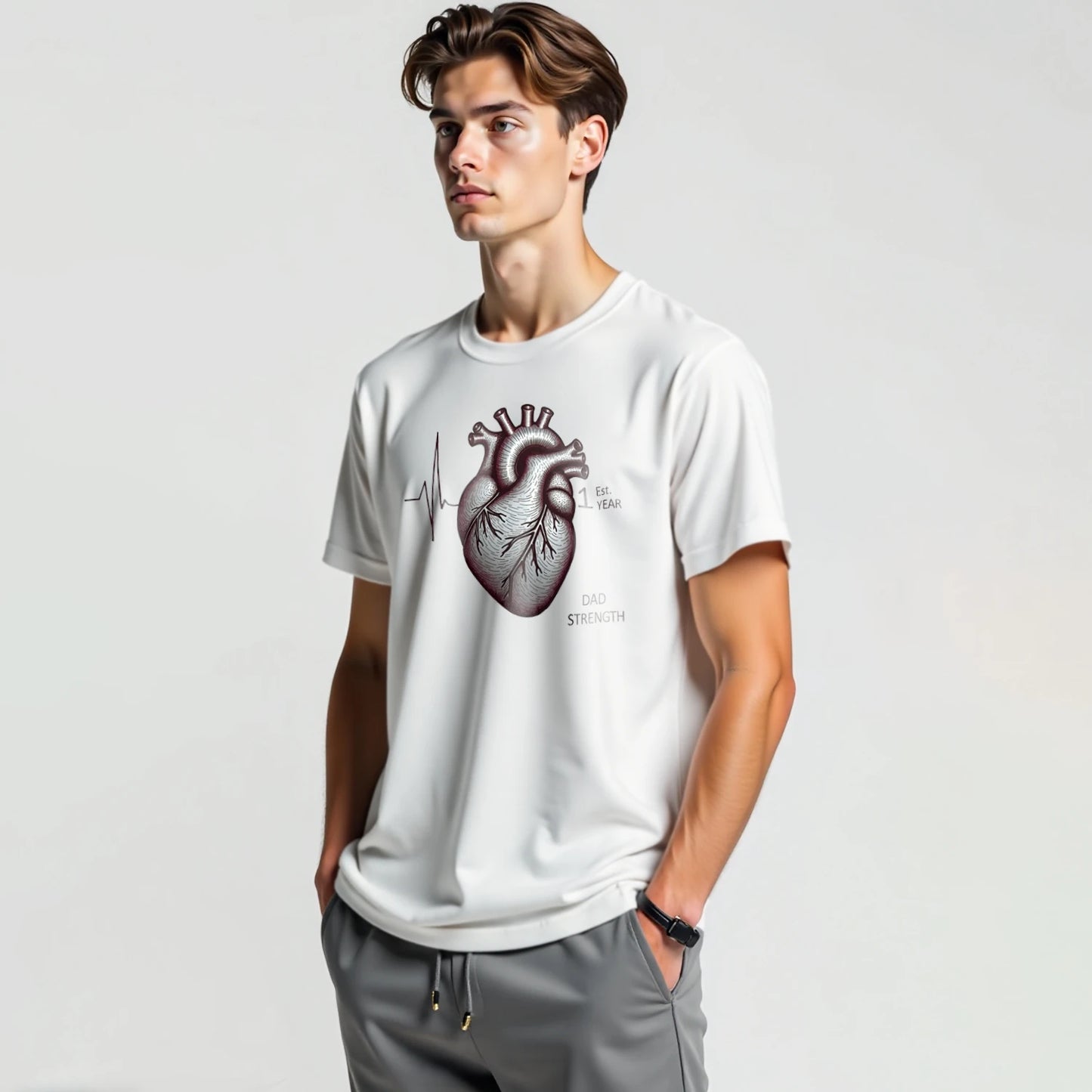 Men's Vintage Washed T-shirt Harajuku Classic Beating Heart Printed Short Sleeve 250G Cotton 2024 Summer Round Neck Top