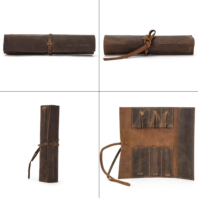 Genuine Leather Retro Luxury Pencil Roll Up Bag Pencil Case Storage Pouch Holder Boys Girls Student Stationery School Supplies
