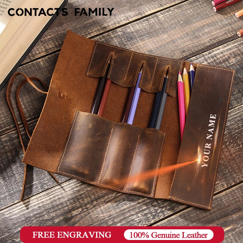 Genuine Leather Retro Luxury Pencil Roll Up Bag Pencil Case Storage Pouch Holder Boys Girls Student Stationery School Supplies