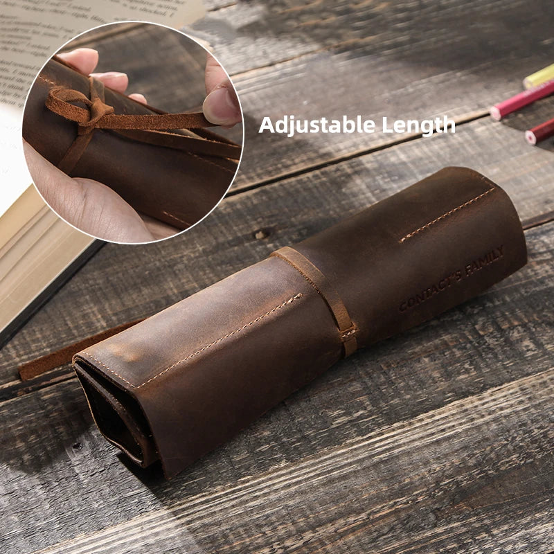 Genuine Leather Retro Luxury Pencil Roll Up Bag Pencil Case Storage Pouch Holder Boys Girls Student Stationery School Supplies