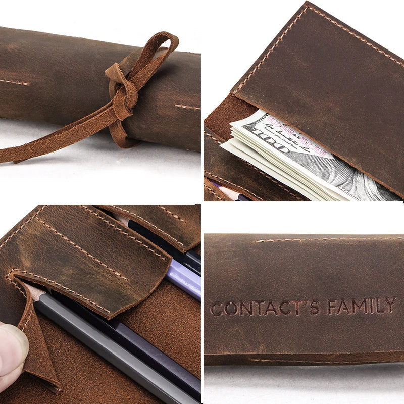 Genuine Leather Retro Luxury Pencil Roll Up Bag Pencil Case Storage Pouch Holder Boys Girls Student Stationery School Supplies