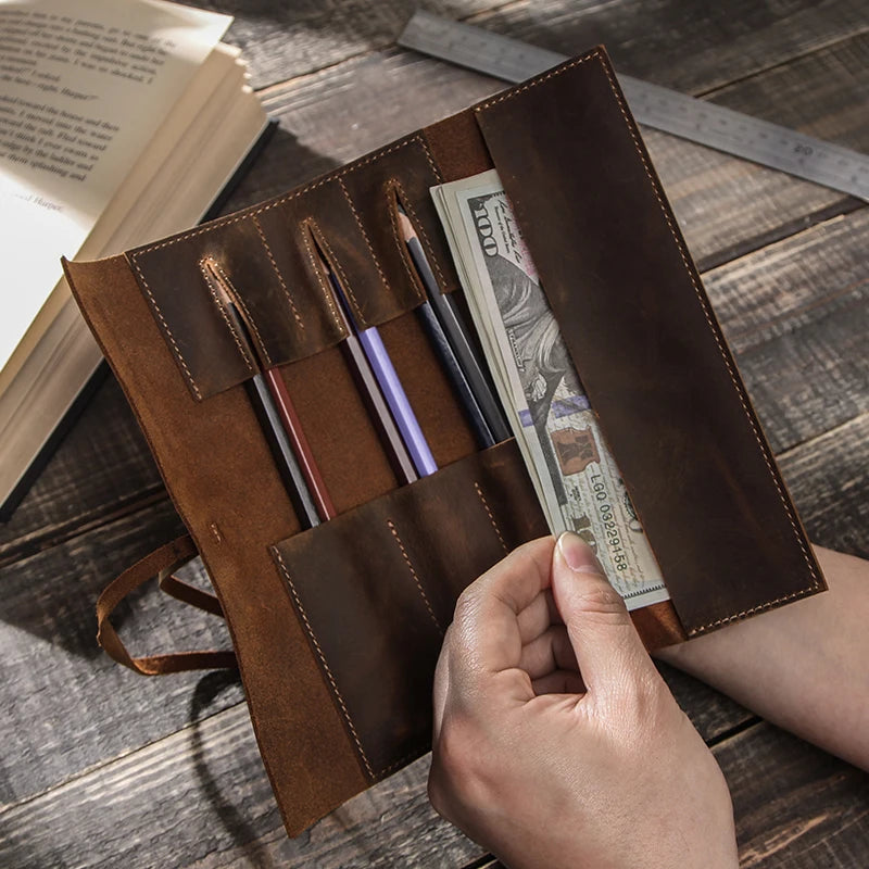 Genuine Leather Retro Luxury Pencil Roll Up Bag Pencil Case Storage Pouch Holder Boys Girls Student Stationery School Supplies