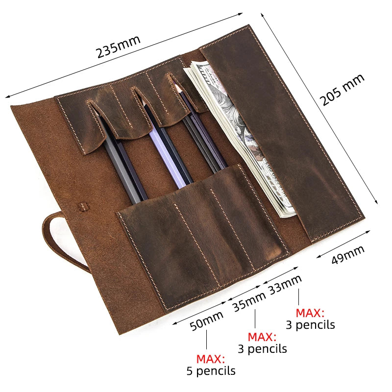 Genuine Leather Retro Luxury Pencil Roll Up Bag Pencil Case Storage Pouch Holder Boys Girls Student Stationery School Supplies