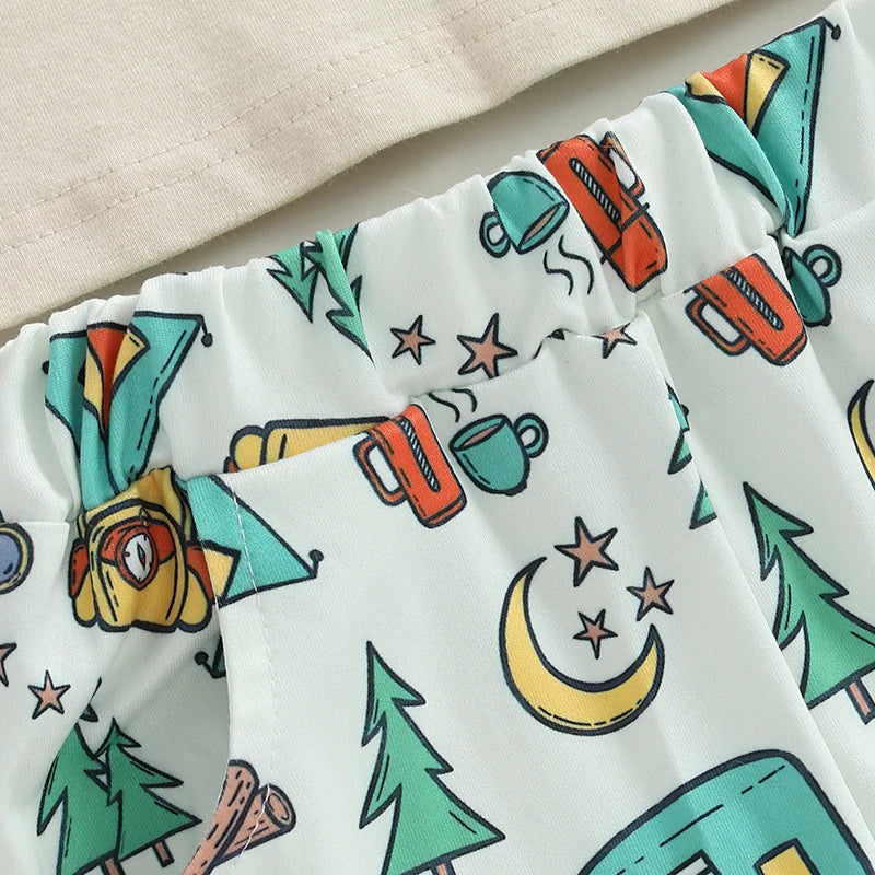 Boys Summer Outfits with Fun Camping Theme Embroidery Short Sleeve T-Shirts and Elastic Waist Shorts for a Stylish 2-Piece Set