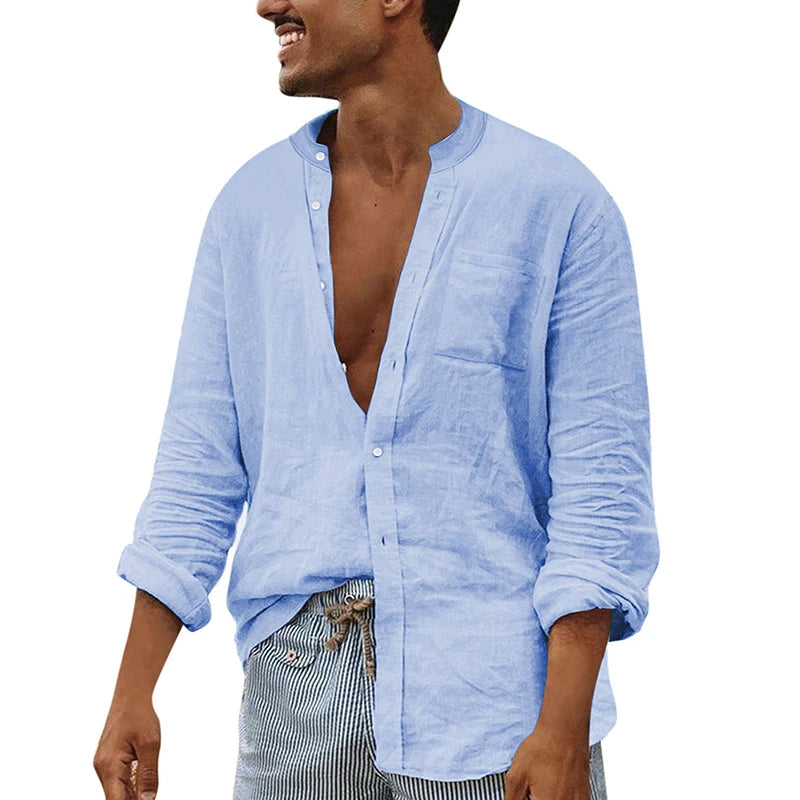 Men s Spring Autumn Casual T-shirts Long Sleeve Mock Neck Solid Color Button Up Shirt