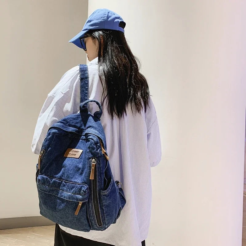 Student Denim Fashion Backpacks Zipper Bookbag Multi Pockets Large School Bag