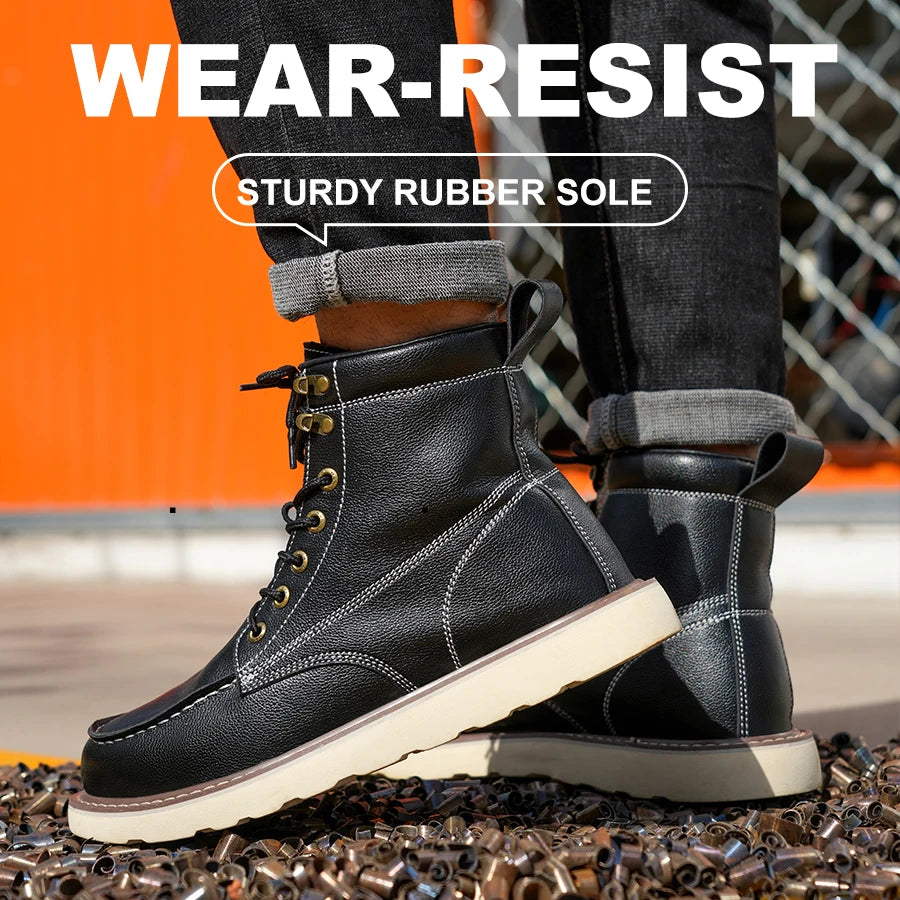Leather High Top Work Safety Shoes Men Anti Puncture
