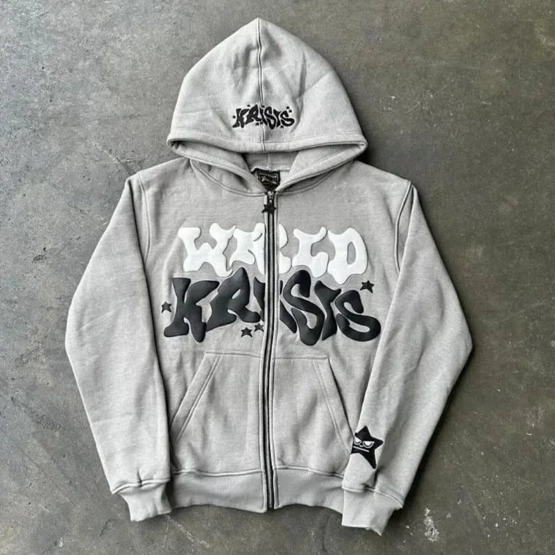 Diversified Y2k Trendy Zipper Hoodie Stars Big Letters Printed