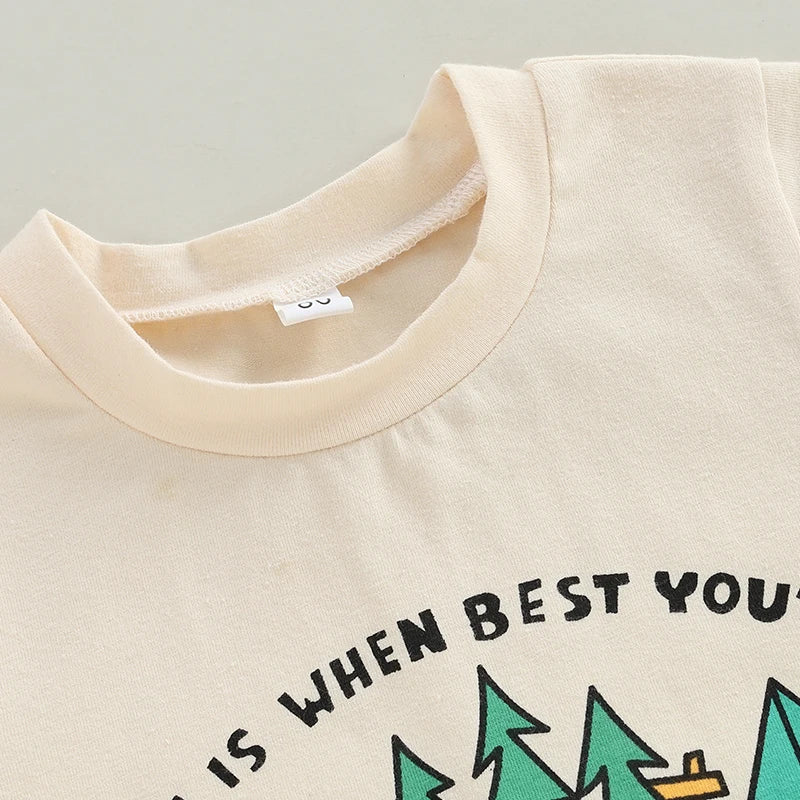 Boys Summer Outfits with Fun Camping Theme Embroidery Short Sleeve T-Shirts and Elastic Waist Shorts for a Stylish 2-Piece Set
