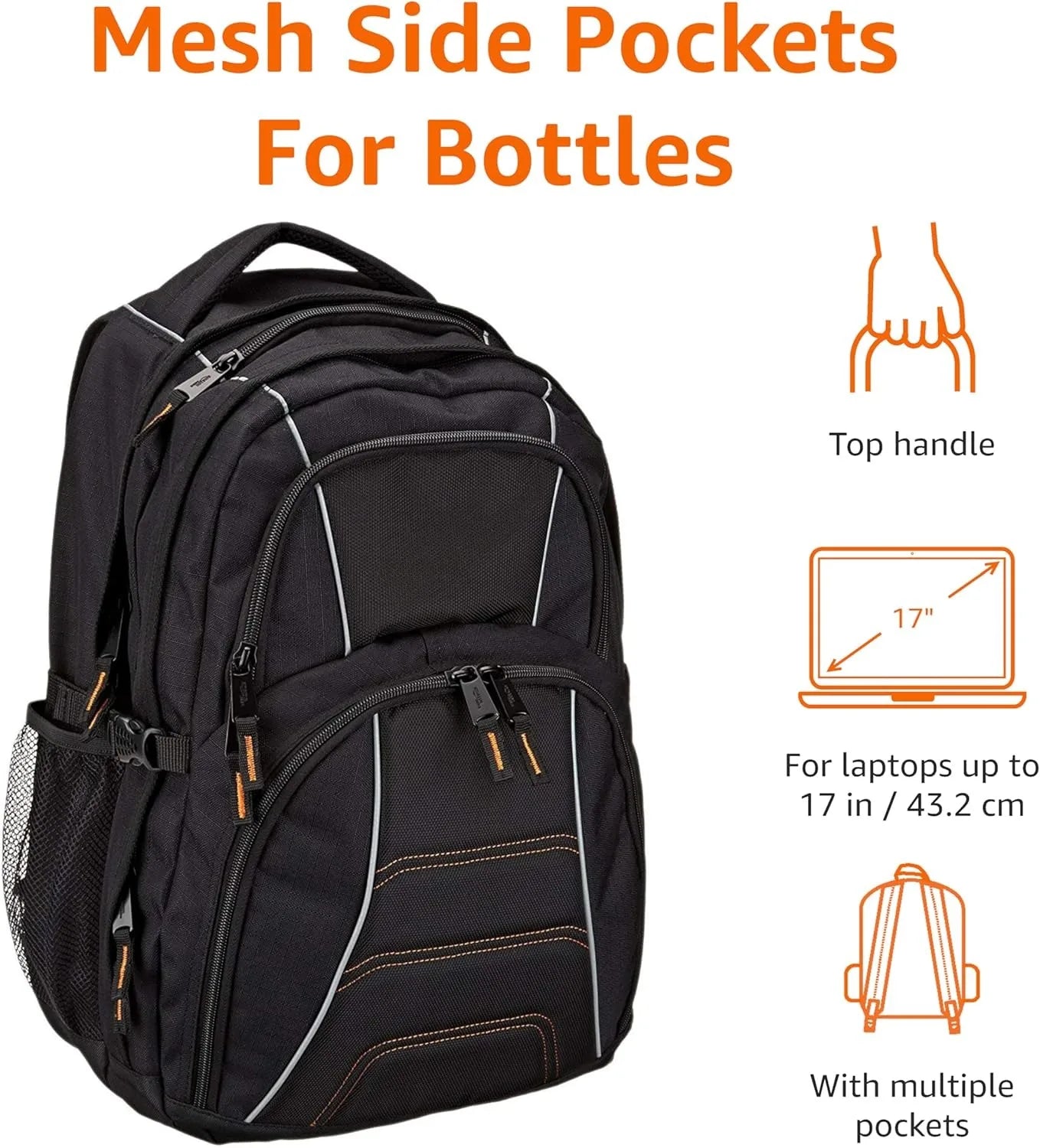 Basics Laptop Backpack for School, Work, Travel, Fits Up to 17-inch Laptops, Binders, Black