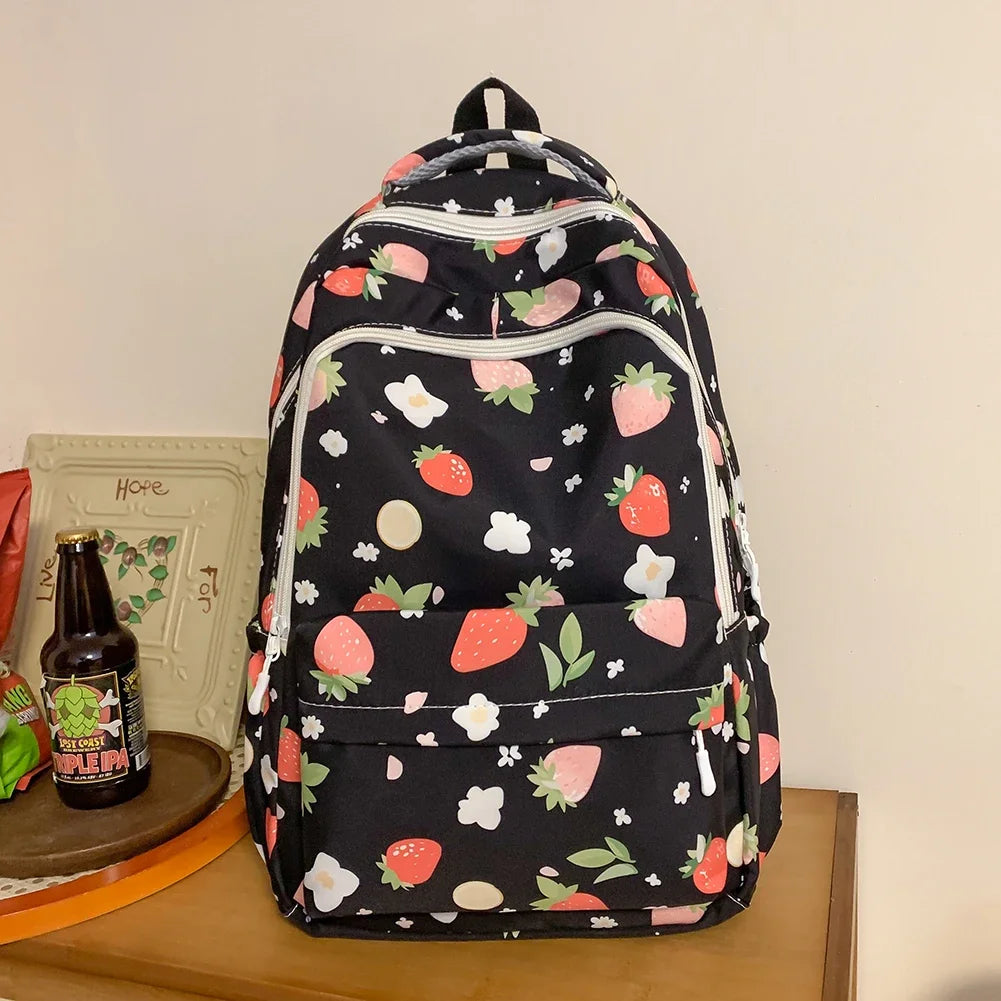 Women Strawberry Pattern Backpack Adjustable Strap Strawberry School Backpack Large Capacity Students Daily Backpack