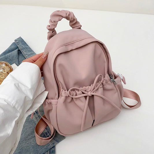 Women Pleated Book Schoolbag Solid Color Simple Student Backpack Large Capacity Travel Backpack Students Daily Backpack