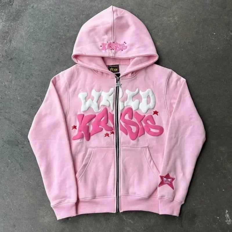 Diversified Y2k Trendy Zipper Hoodie Stars Big Letters Printed