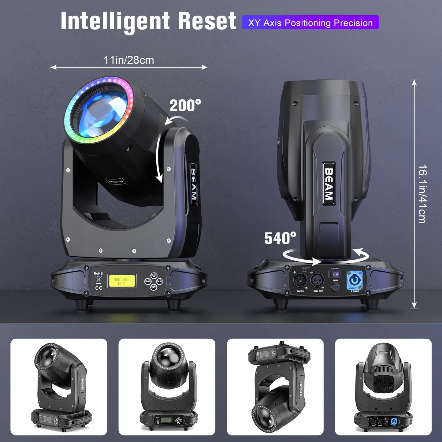 U`King 180W Moving Head Light RGB 3IN1 LED Rainbow Lighting Effect 8 Prisms Stage Lights DMX512 Sound Activated For DJ Disco KTV