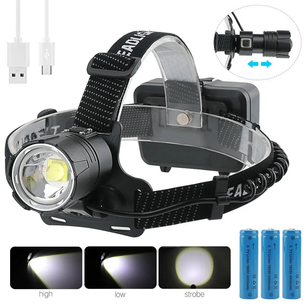990000LM LED Headlamp Zoom USB Rechargeable Headlight Torch Light Lamp
