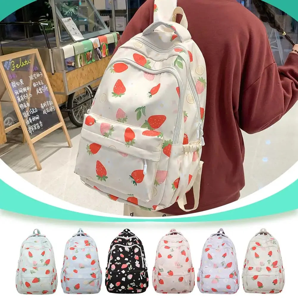 Women Strawberry Pattern Backpack Adjustable Strap Strawberry School Backpack Large Capacity Students Daily Backpack