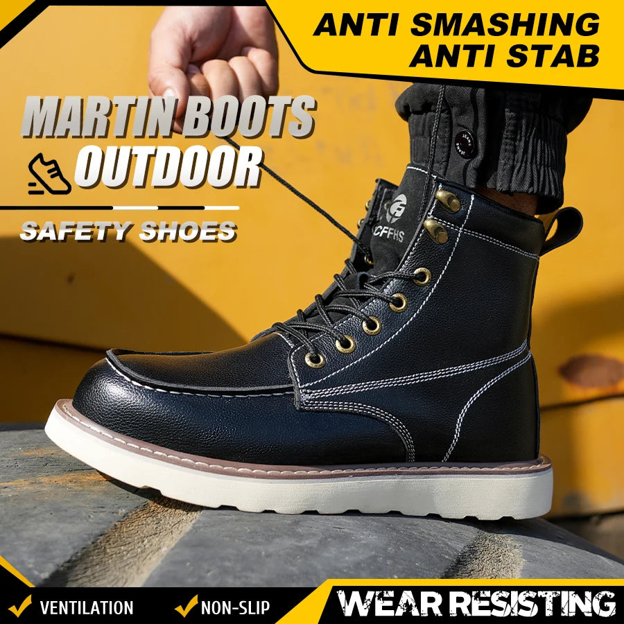 Leather High Top Work Safety Shoes Men Anti Puncture