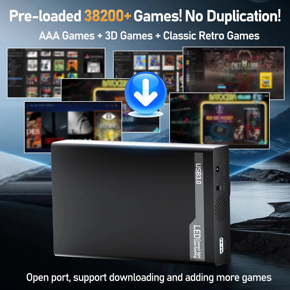 500G Retro Gaming HDD Console with 38200+ Games for XBOX/PS3/PS2/Switch/Wii/WiiU/DC/NES