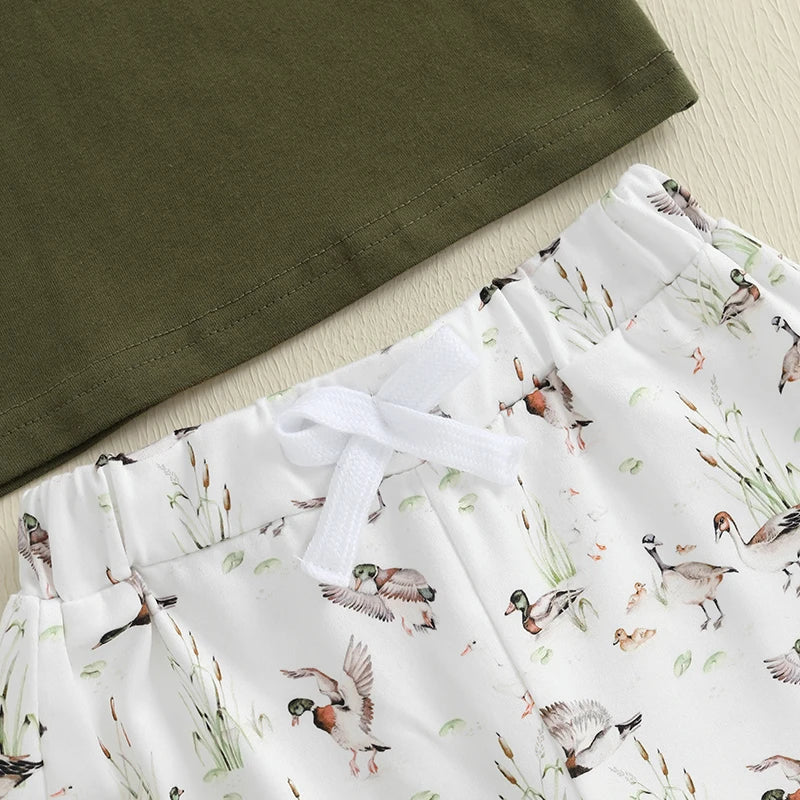 Boys Summer Outfit Sets with Short Sleeve O Neck Tops and Cute Duck Print Drawstring Shorts - Casual and Comfortable Summer