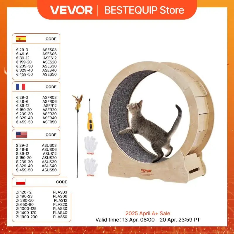 VEVOR Cat Exercise Wheel Natural Wood Silent Running Toy Treadmill Roller Wheel with Detachable Carpet for Most Cats Pet Fitness