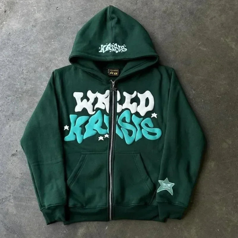 Diversified Y2k Trendy Zipper Hoodie Stars Big Letters Printed