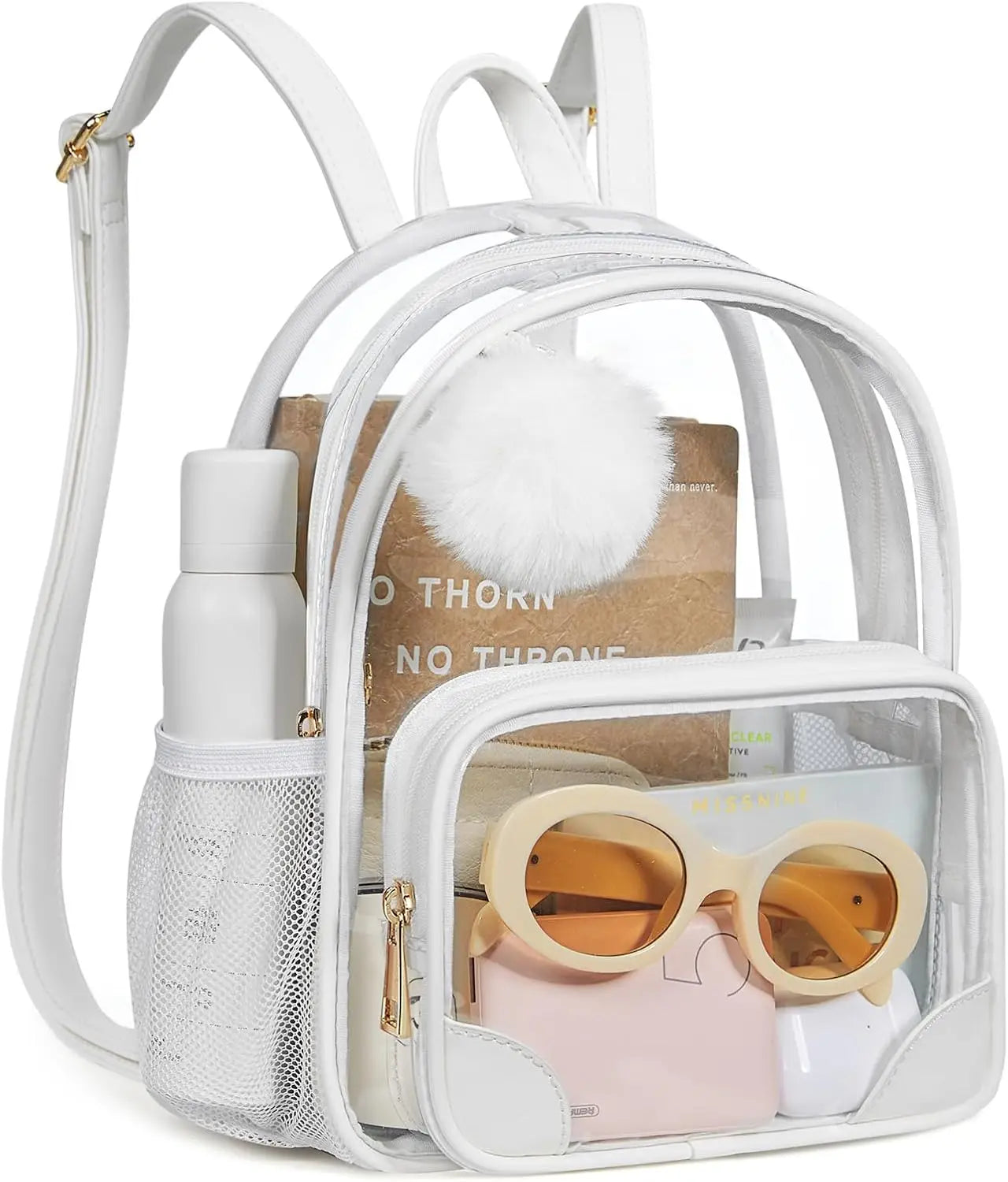 Anti-theft Clear Backpack, Small Mini Clear Bag for Sport Event Concert with Cute Fur Ball