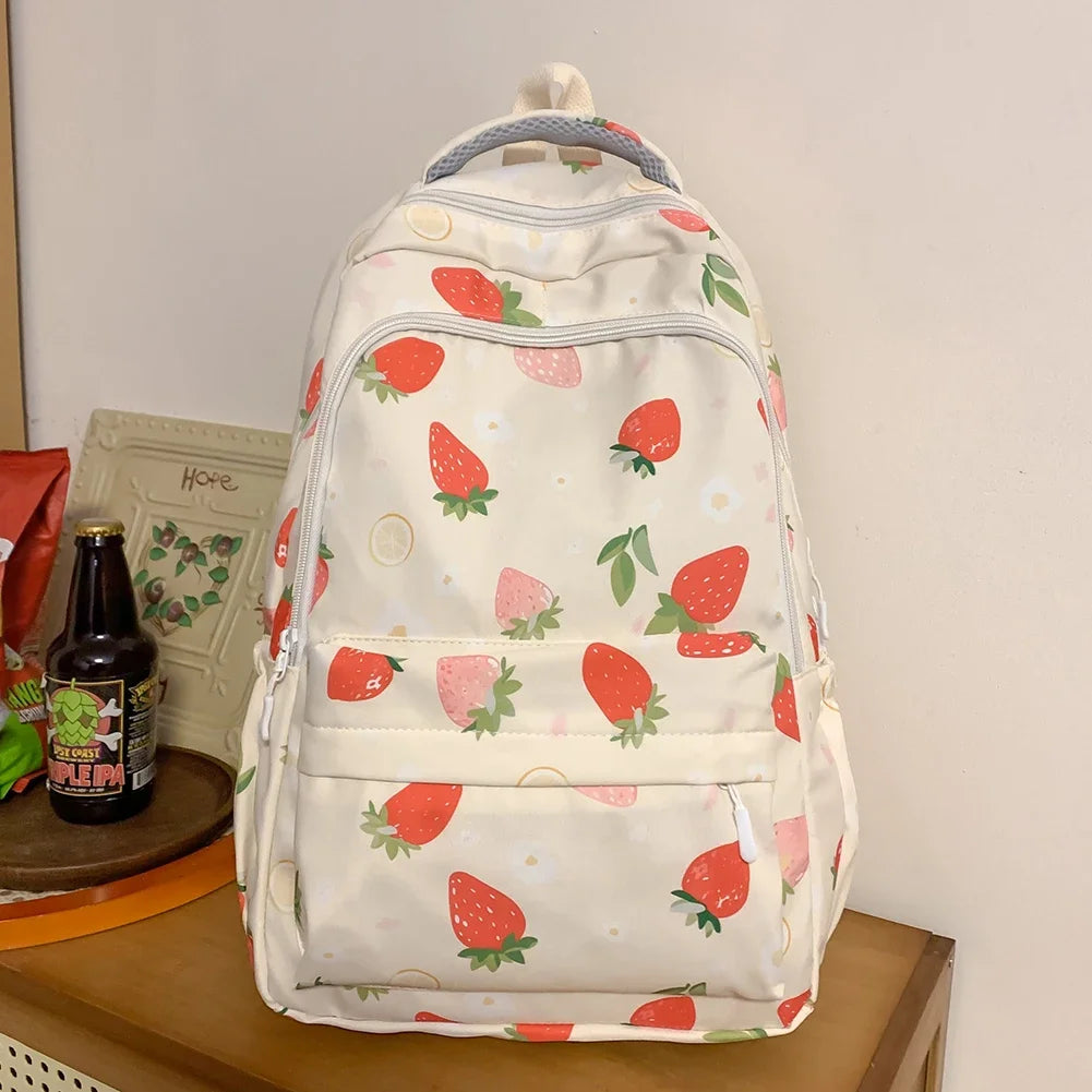 Women Strawberry Pattern Backpack Adjustable Strap Strawberry School Backpack Large Capacity Students Daily Backpack