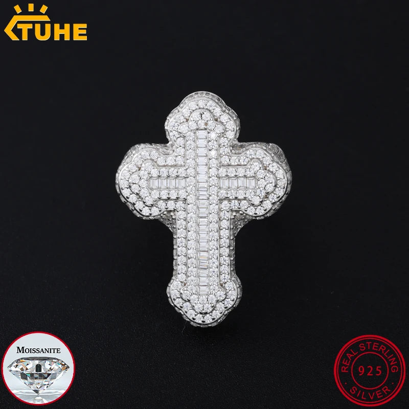 Baguette Cross Rings S925 Silver Moissanite Jewelry