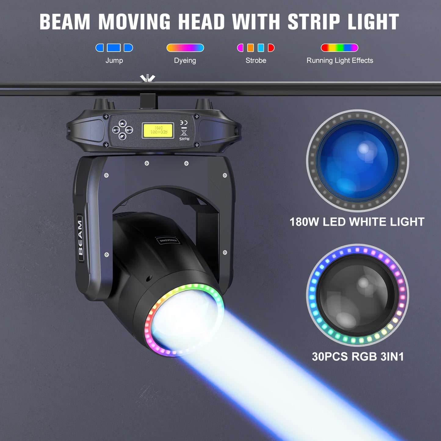 U`King 180W Moving Head Light RGB 3IN1 LED Rainbow Lighting Effect 8 Prisms Stage Lights DMX512 Sound Activated For DJ Disco KTV
