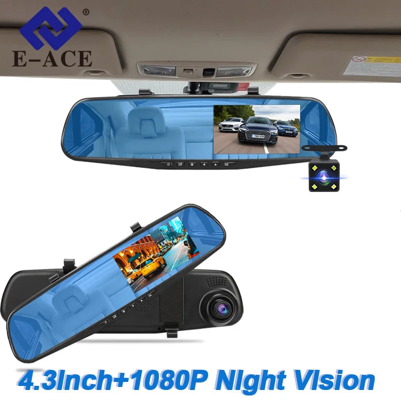 E-ACE Dash Cam 4.3 Inches Car DVR Rearview Mirror Recorder