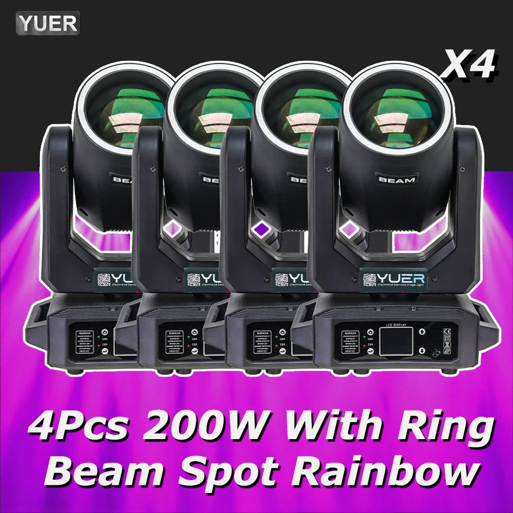 4Pcs 200W LED With Ring Beam Spot Moving Head Light With 18 Rotating Prism Rainbow Effect DMX512 Disco Party CLub Stage Lights