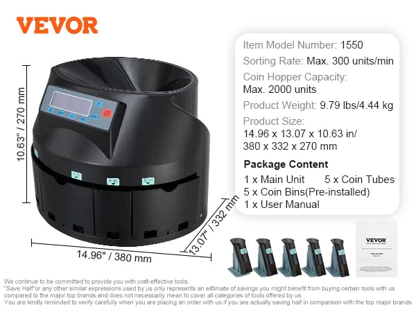 VEVOR 230/300 Coins/Min USD Coin Sorter Counter Professional Electric Automatic Machine LED Display for School Shop Bank Black