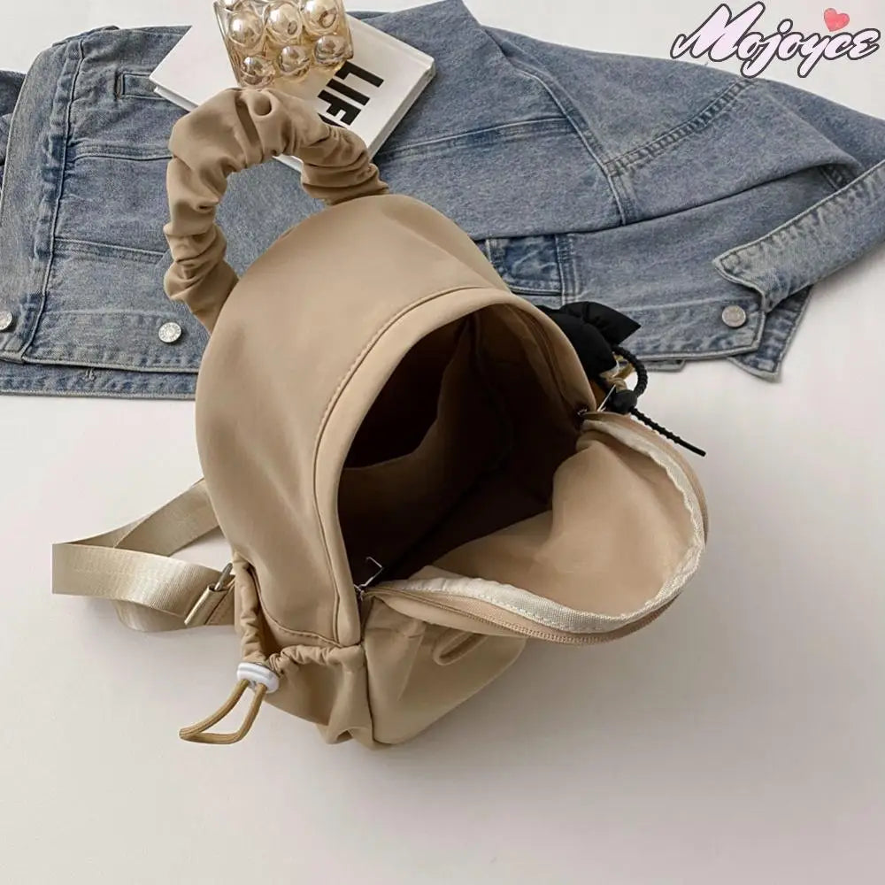Women Pleated Book Schoolbag Solid Color Simple Student Backpack Large Capacity Travel Backpack Students Daily Backpack