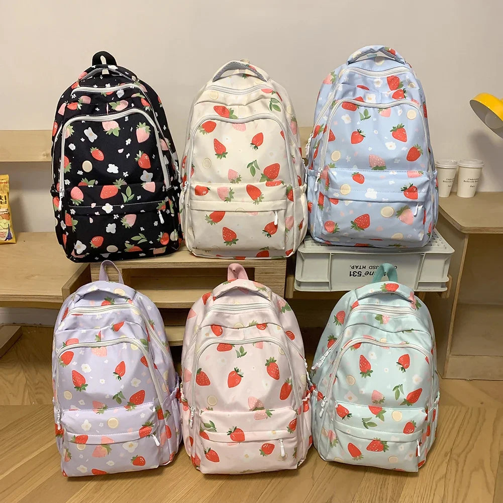 Women Strawberry Pattern Backpack Adjustable Strap Strawberry School Backpack Large Capacity Students Daily Backpack