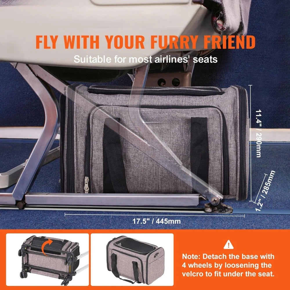 Airline Approved Pet Carrier with Wheels, Expandable Rolling Cat Dog Carrier for Medium Dogs and Cats Under 25LBS, Pet Travel