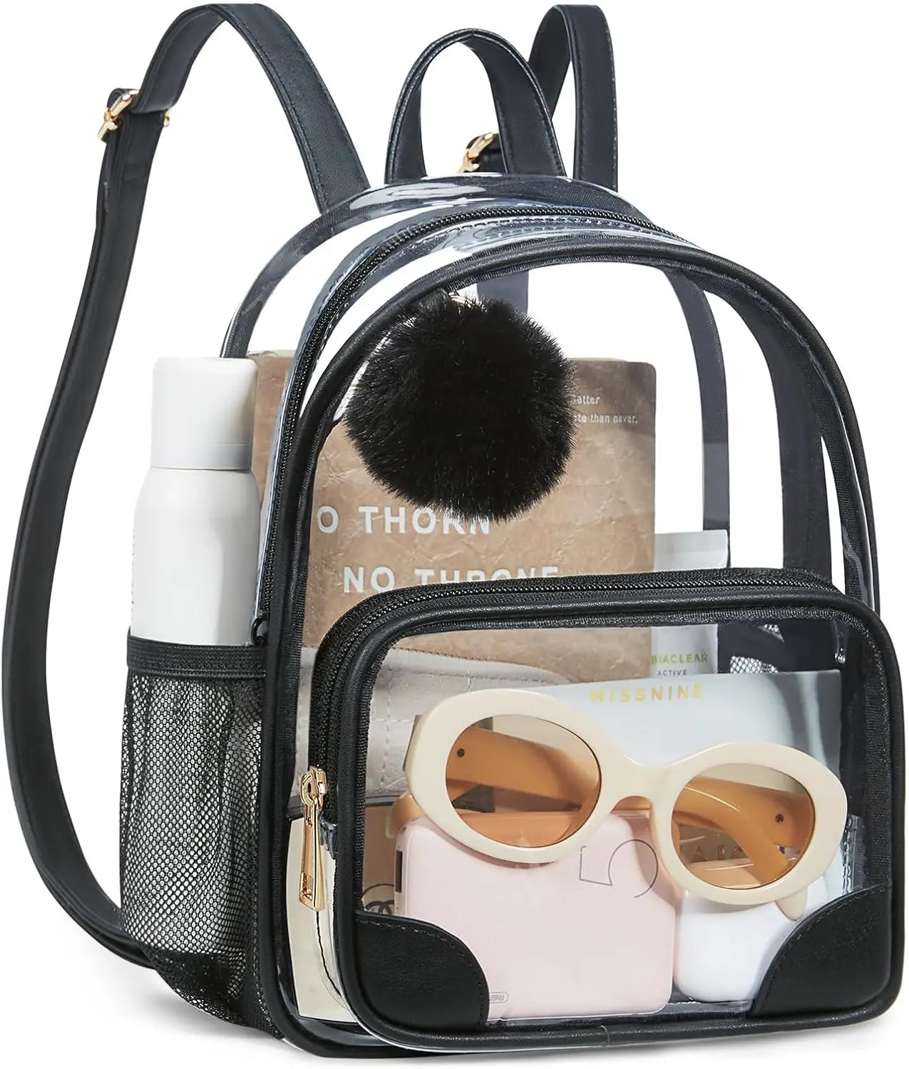 Anti-theft Clear Backpack, Small Mini Clear Bag for Sport Event Concert with Cute Fur Ball