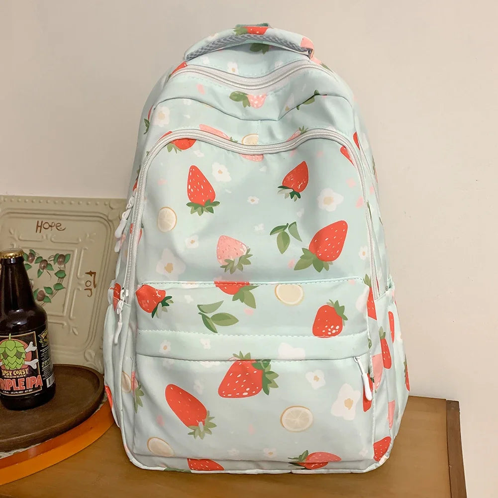 Women Strawberry Pattern Backpack Adjustable Strap Strawberry School Backpack Large Capacity Students Daily Backpack