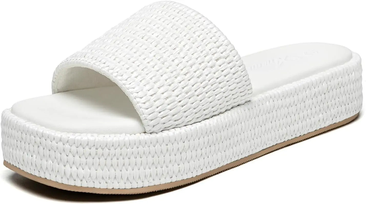 Athlefit Women's Platform Raffia Sandals Comfortable Open Toe Slip On Beach Slides Sandals for Summer Casual