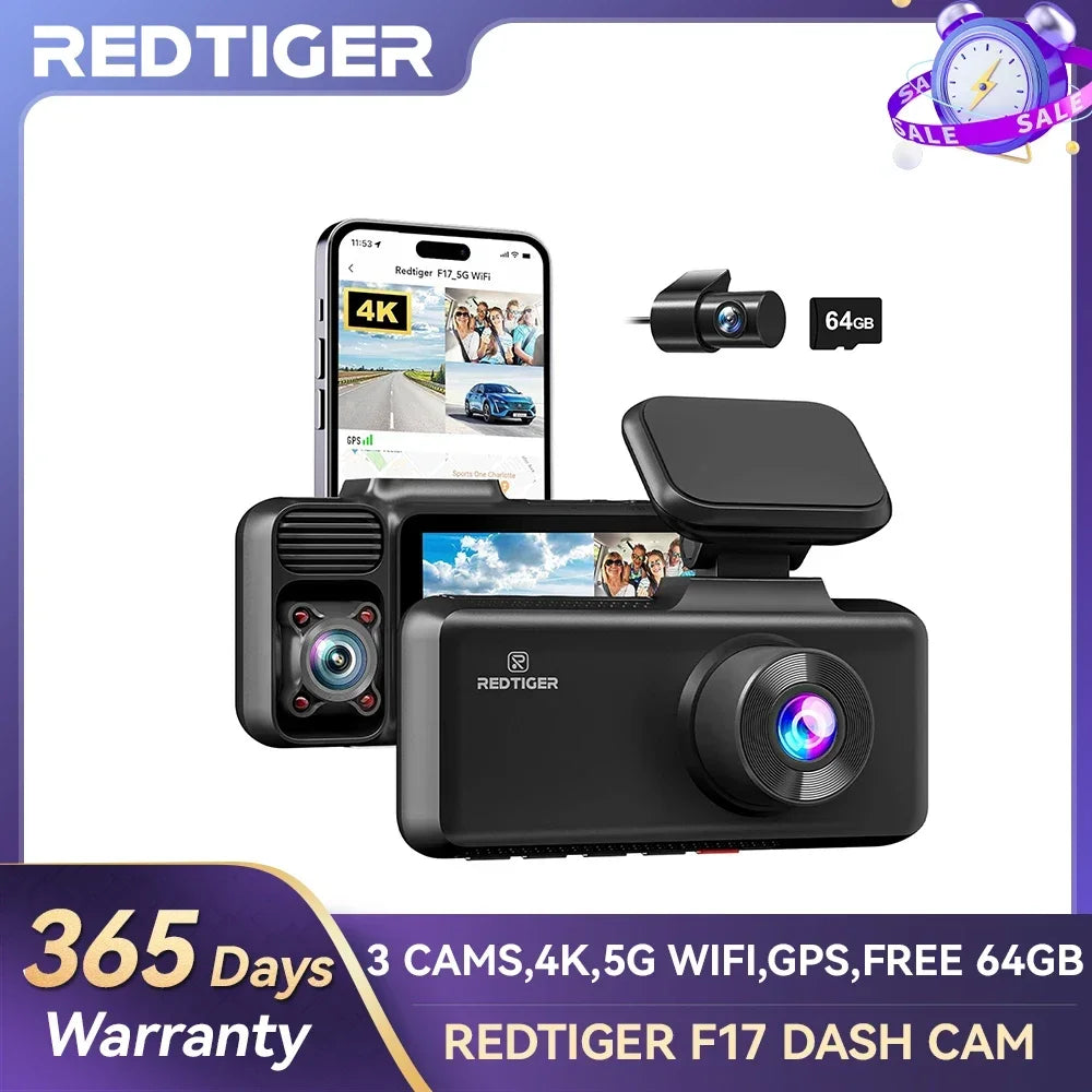 REDTIGER 3 Channel Car Camera 4K Dash Cam with GPS WDR