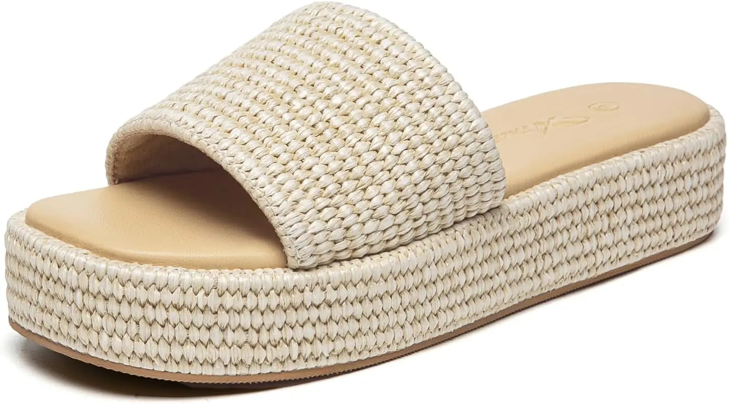 Athlefit Women's Platform Raffia Sandals Comfortable Open Toe Slip On Beach Slides Sandals for Summer Casual