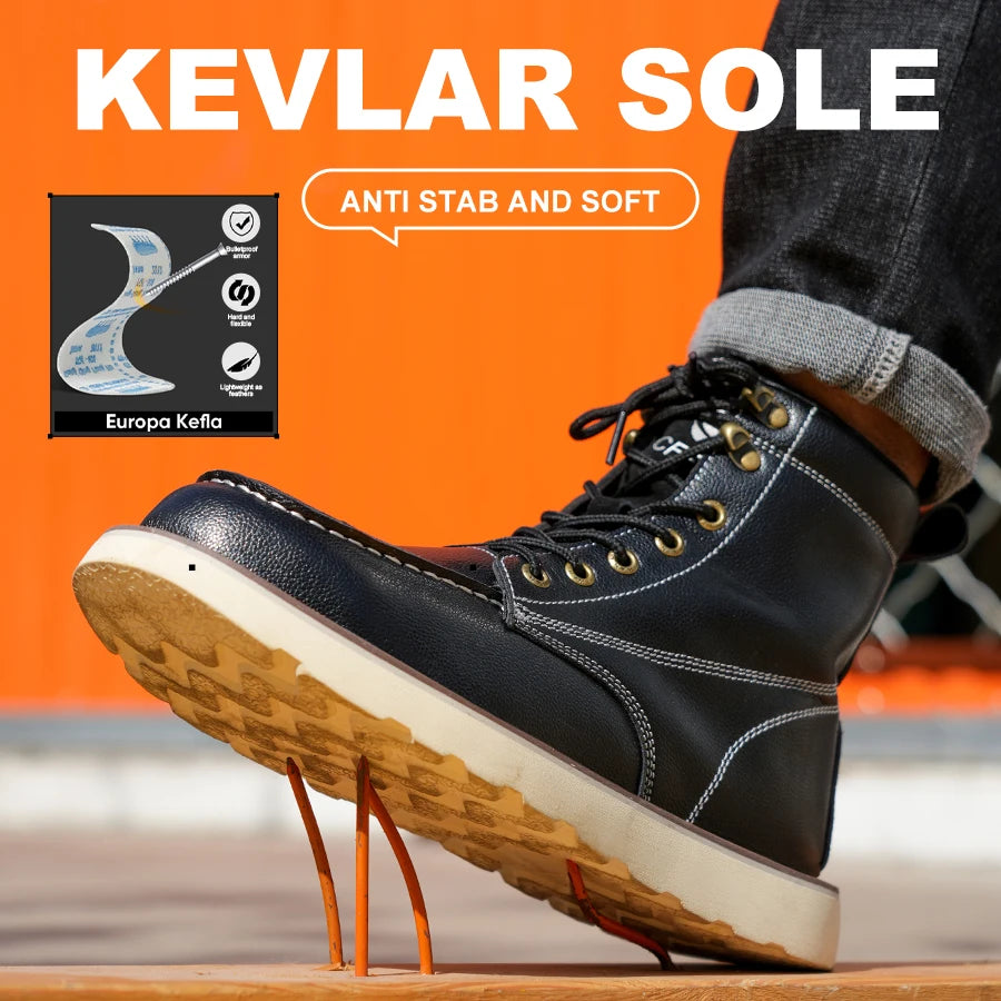 Leather High Top Work Safety Shoes Men Anti Puncture