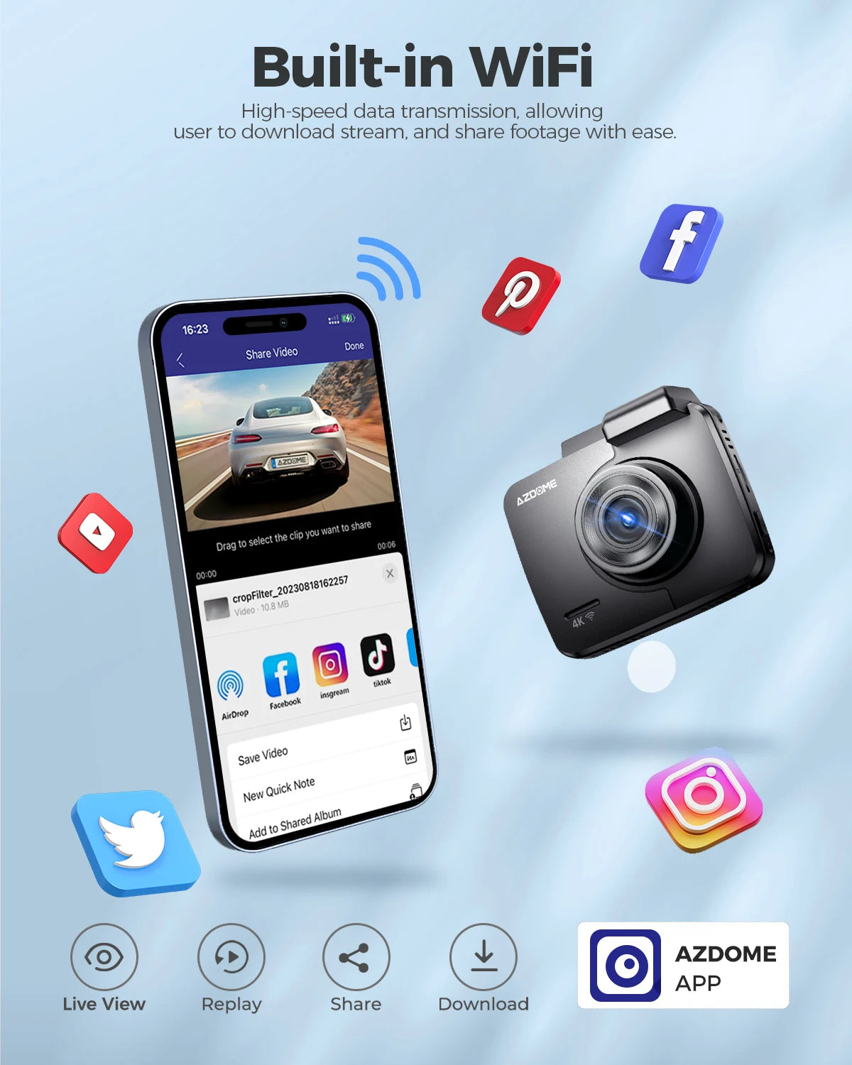 AZDOME Dash Cam GS63H 4K HD Car Camera with GPS Wi-Fi