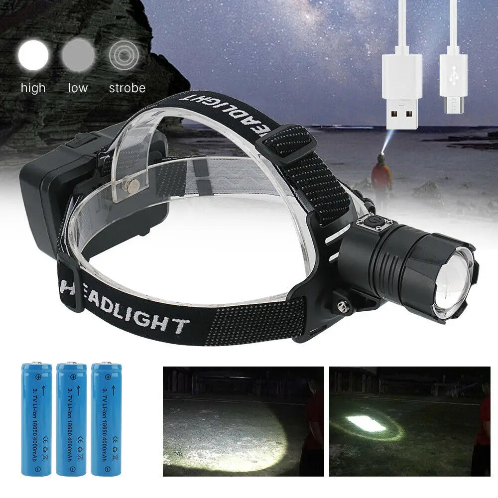 990000LM LED Headlamp Zoom USB Rechargeable Headlight Torch Light Lamp