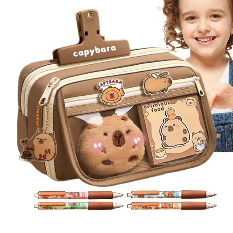 Cute Capybara Fabric Pencil Case 9-Layer Large Capacity Animal Zipper Kids Bag kids Boys Girls School Case Supplies