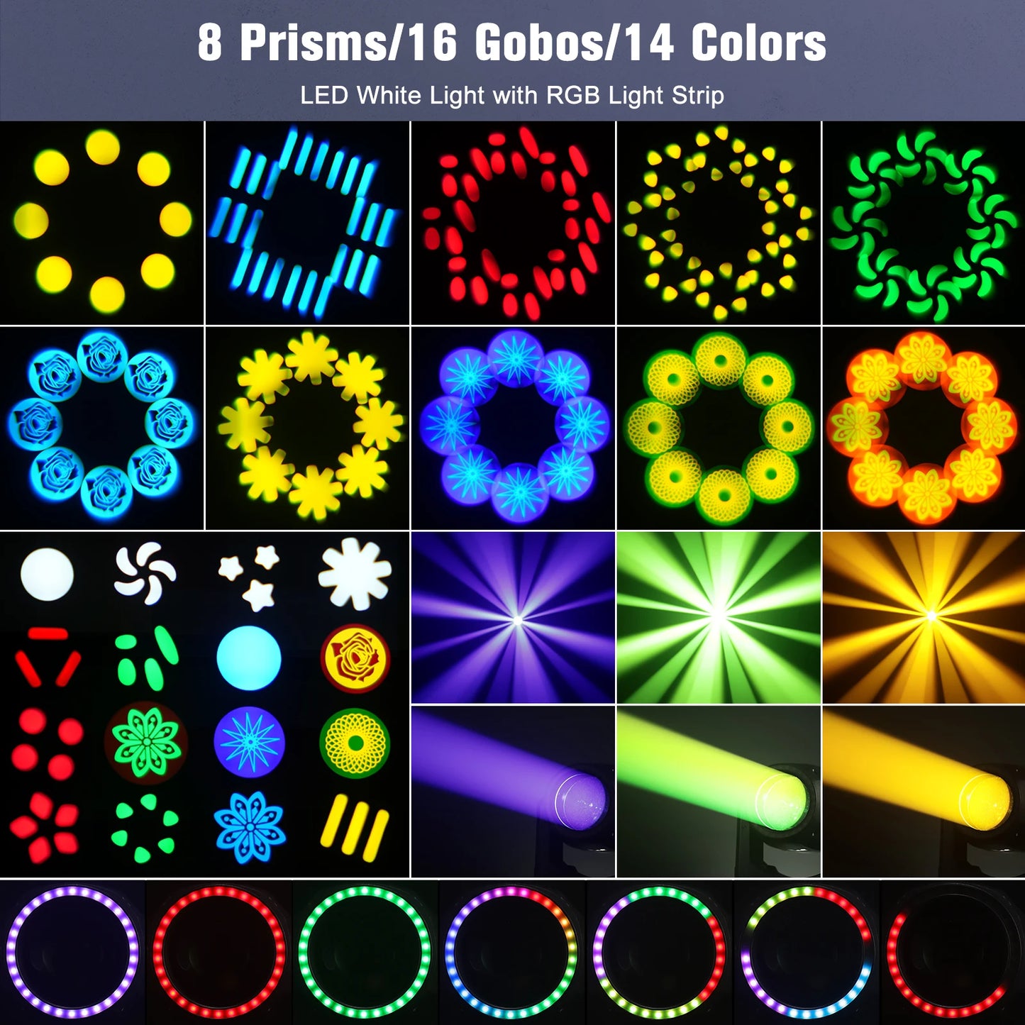 U`King 180W Moving Head Light RGB 3IN1 LED Rainbow Lighting Effect 8 Prisms Stage Lights DMX512 Sound Activated For DJ Disco KTV
