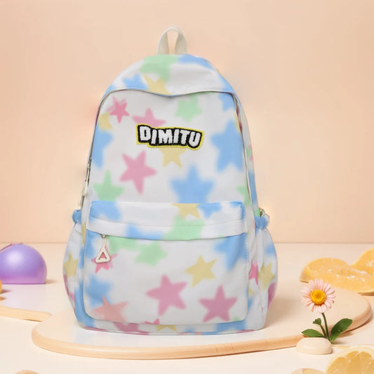 Women Large Capacity Laptop Daypack Nylon Kawaii Star Backpack Preppy with Zipper Knapsack for Hiking Travel Work
