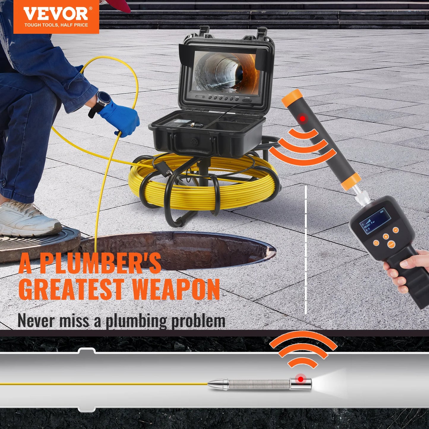 VEVOR Sewer Camera with 512Hz Locator IP68 9 Inch Inspection