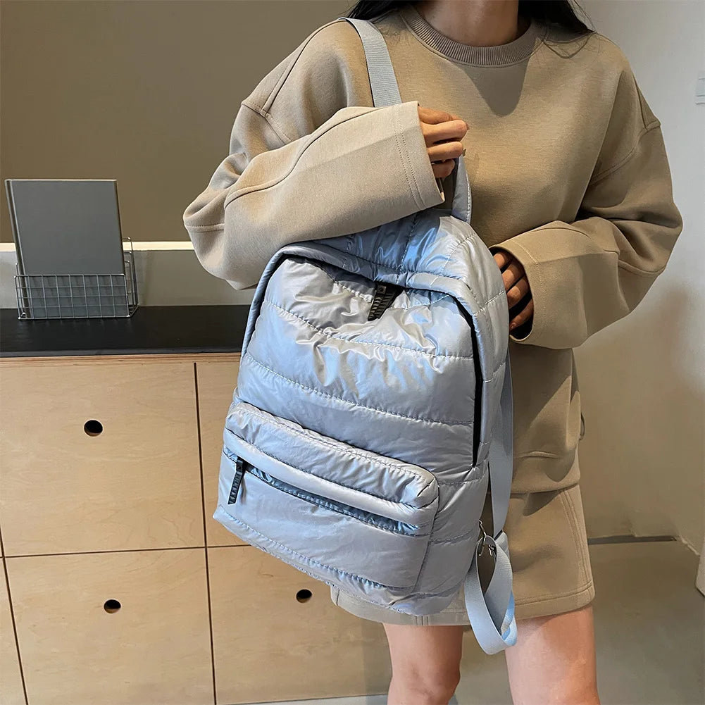 Solid Down Knapsack Large Capacity Quilted Backpack Teen Student Schoolbag Multi-pocket Rucksack Puffer Cotton Versatile Bookbag
